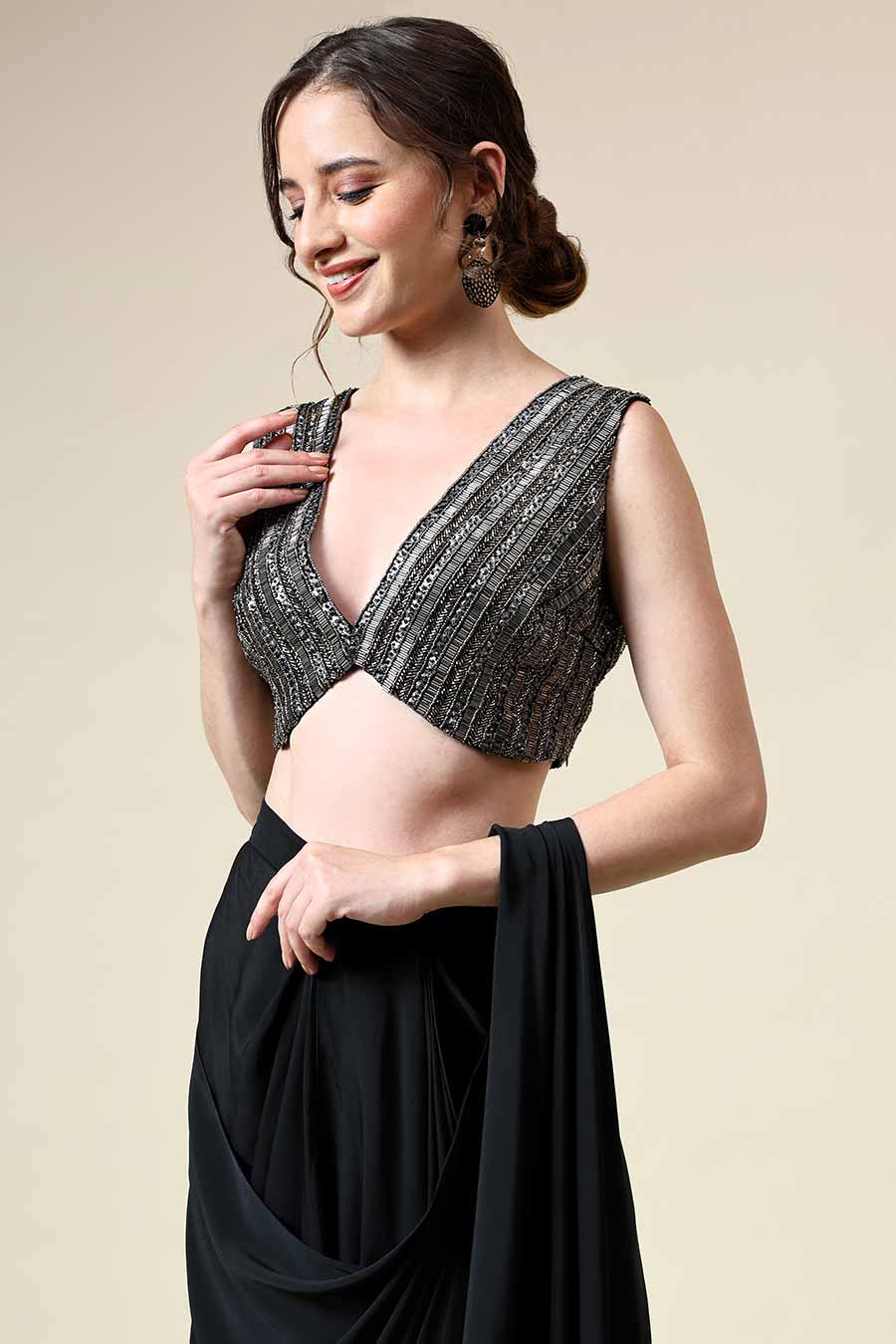 Black Pre-Draped Saree & Embellished Blouse Set