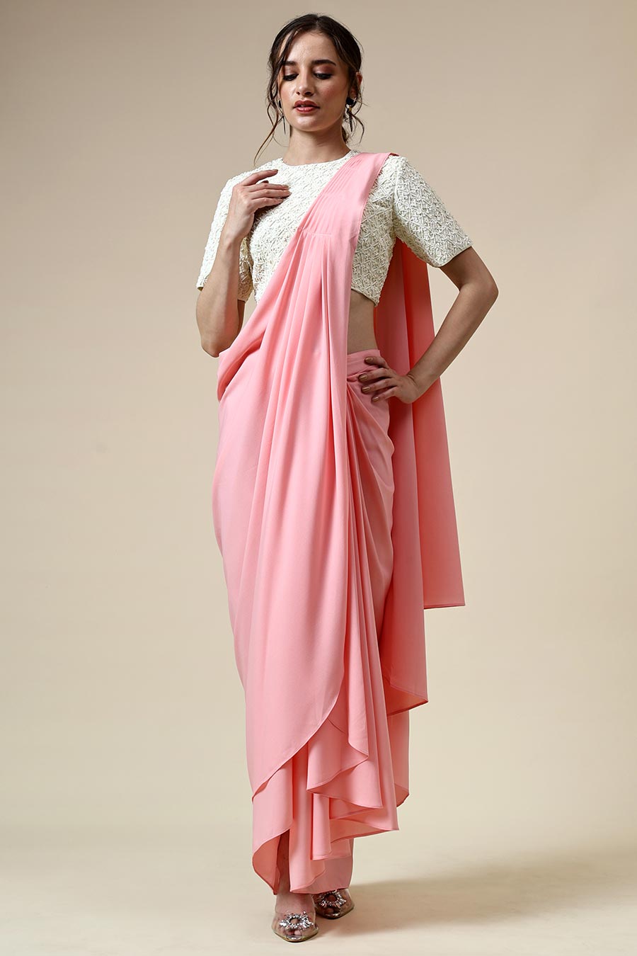 Pink Pre-Draped Saree & Embellished Blouse Set