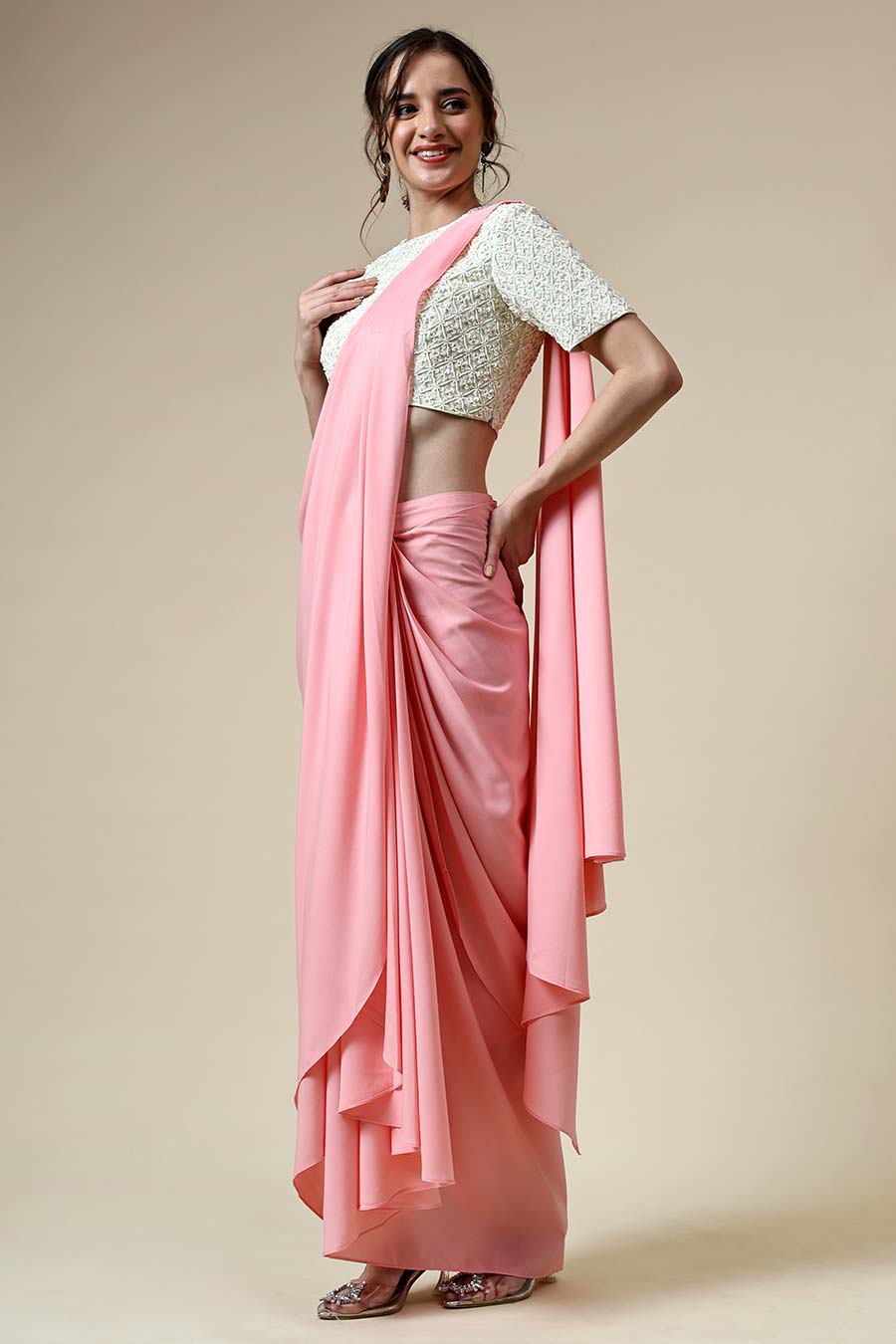 Pink Pre-Draped Saree & Embellished Blouse Set