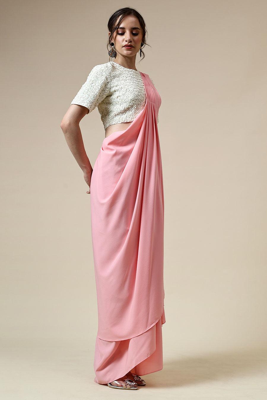 Pink Pre-Draped Saree & Embellished Blouse Set