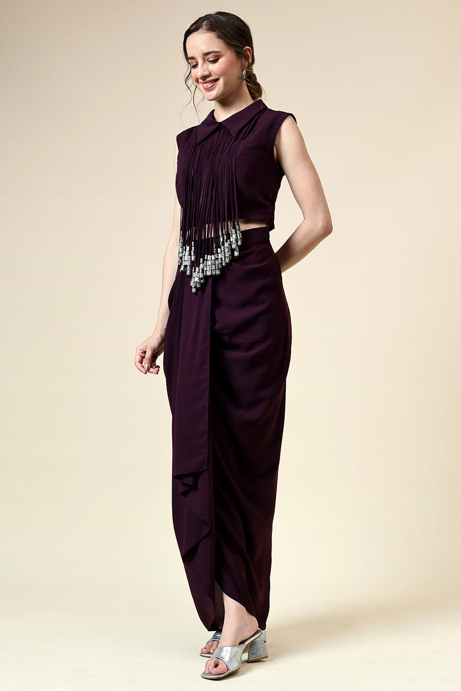 Purple Fringe Embellished Top & Skirt Co-Ord Set