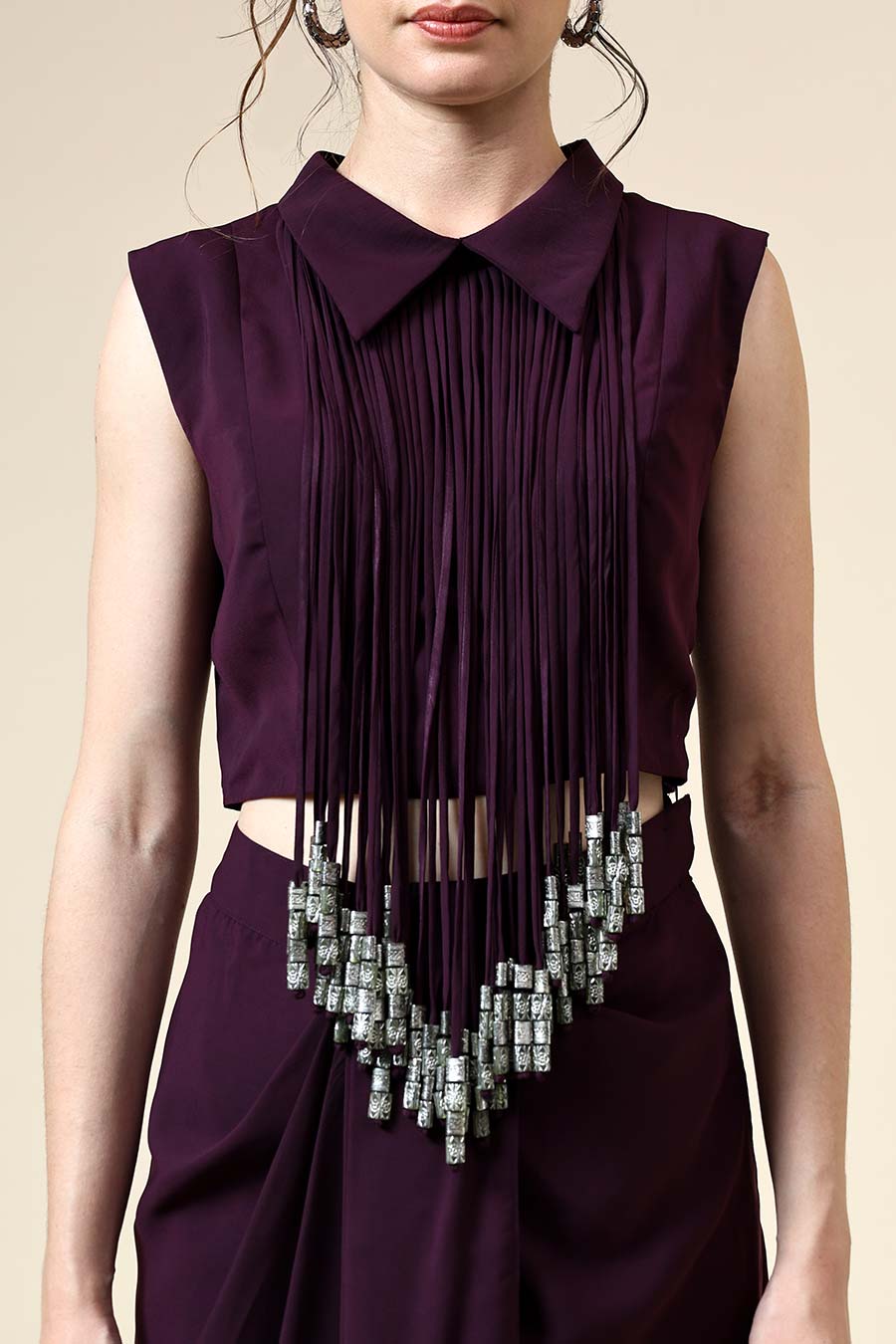 Purple Fringe Embellished Top & Skirt Co-Ord Set