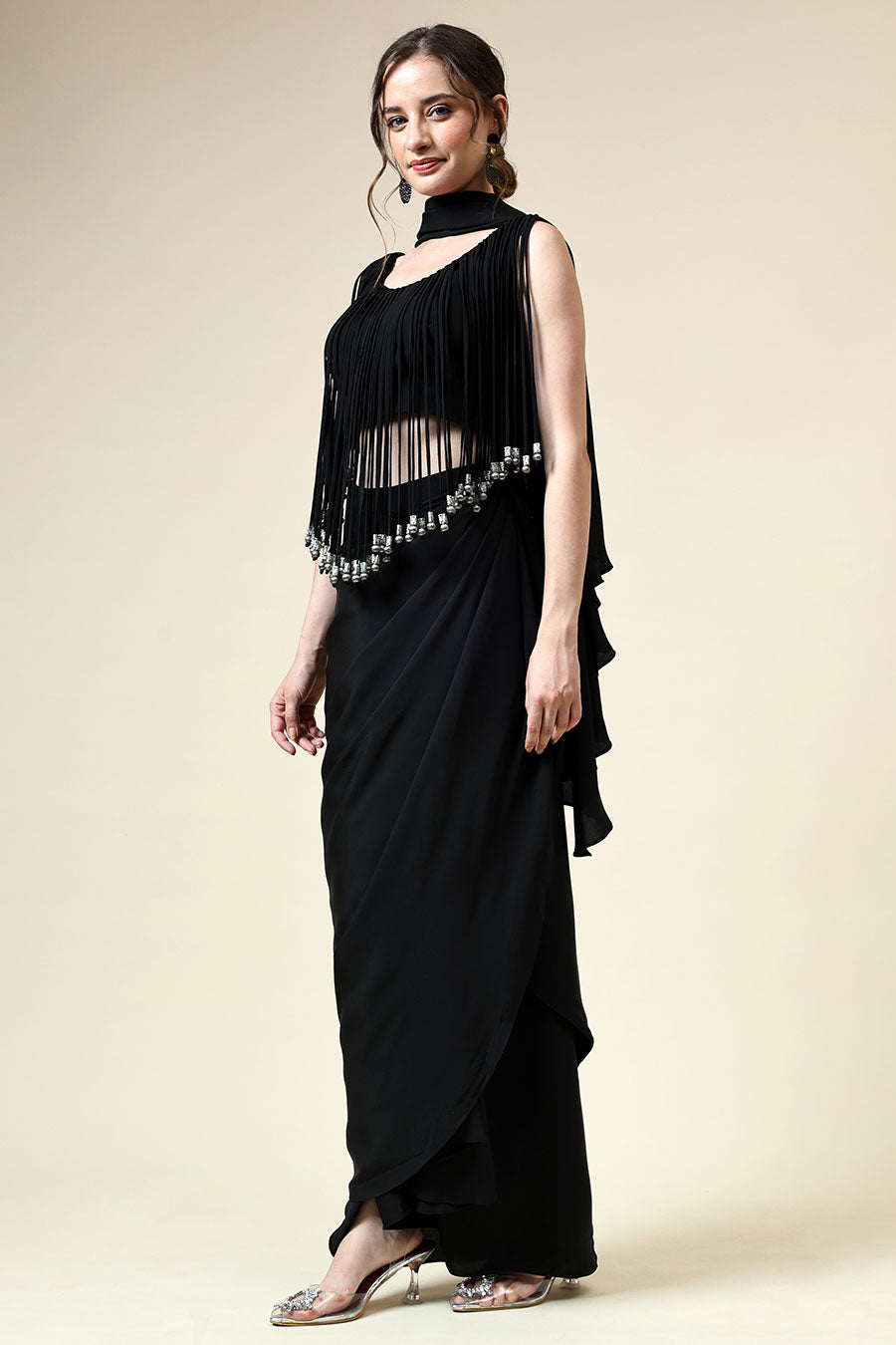 Black Fringe Blouse & Pre-Draped Saree Set