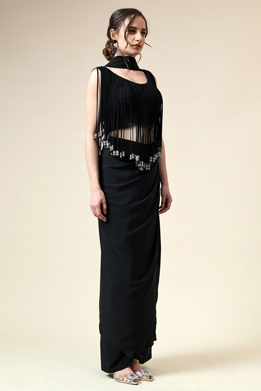 Black Fringe Blouse & Pre-Draped Saree Set