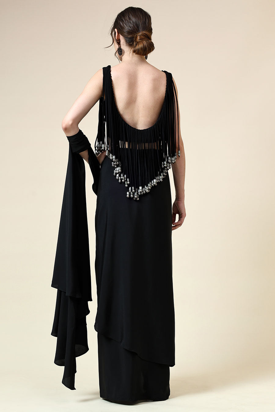 Black Fringe Blouse & Pre-Draped Saree Set