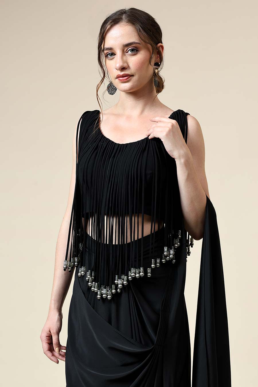 Black Fringe Blouse & Pre-Draped Saree Set