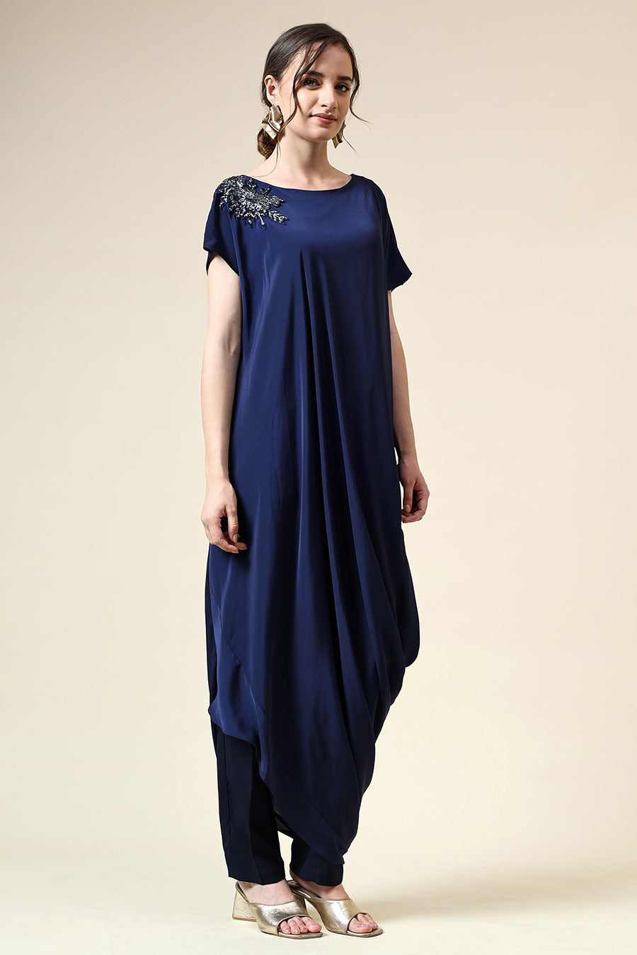 Navy Crystal Embellished Draped Co-Ord Set