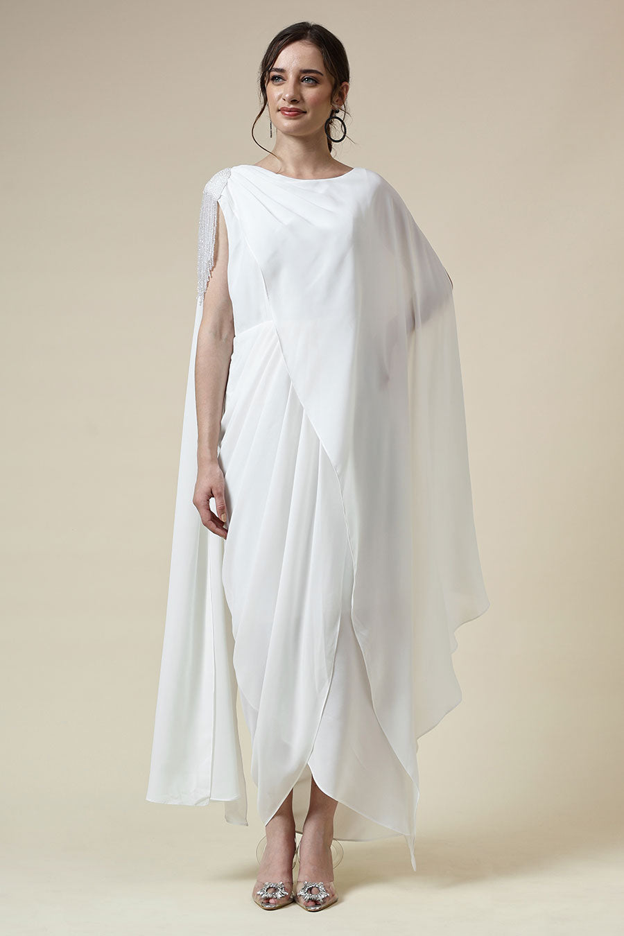 White Crystal Embellished Drape Dress