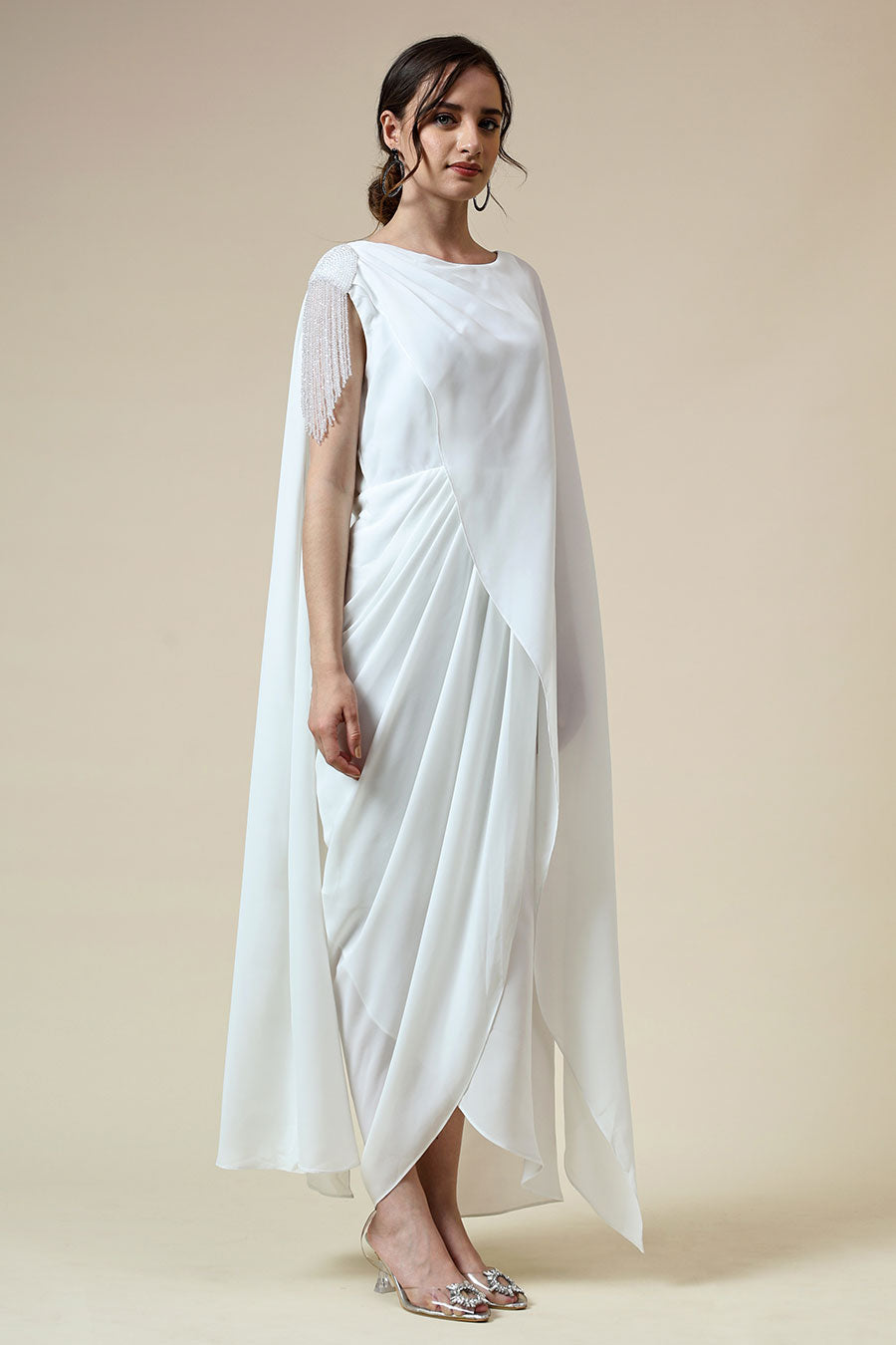 White Crystal Embellished Drape Dress