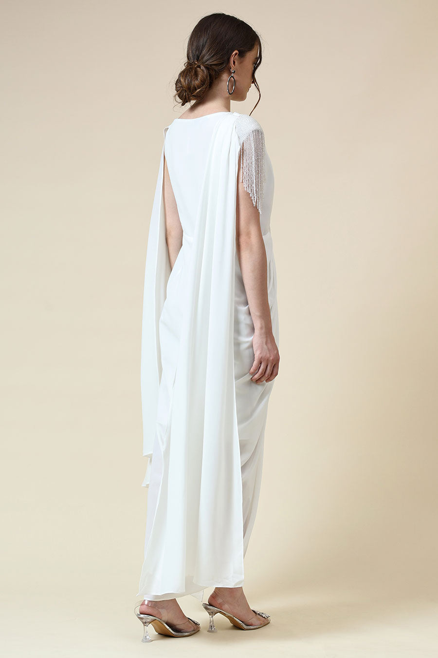 White Crystal Embellished Drape Dress