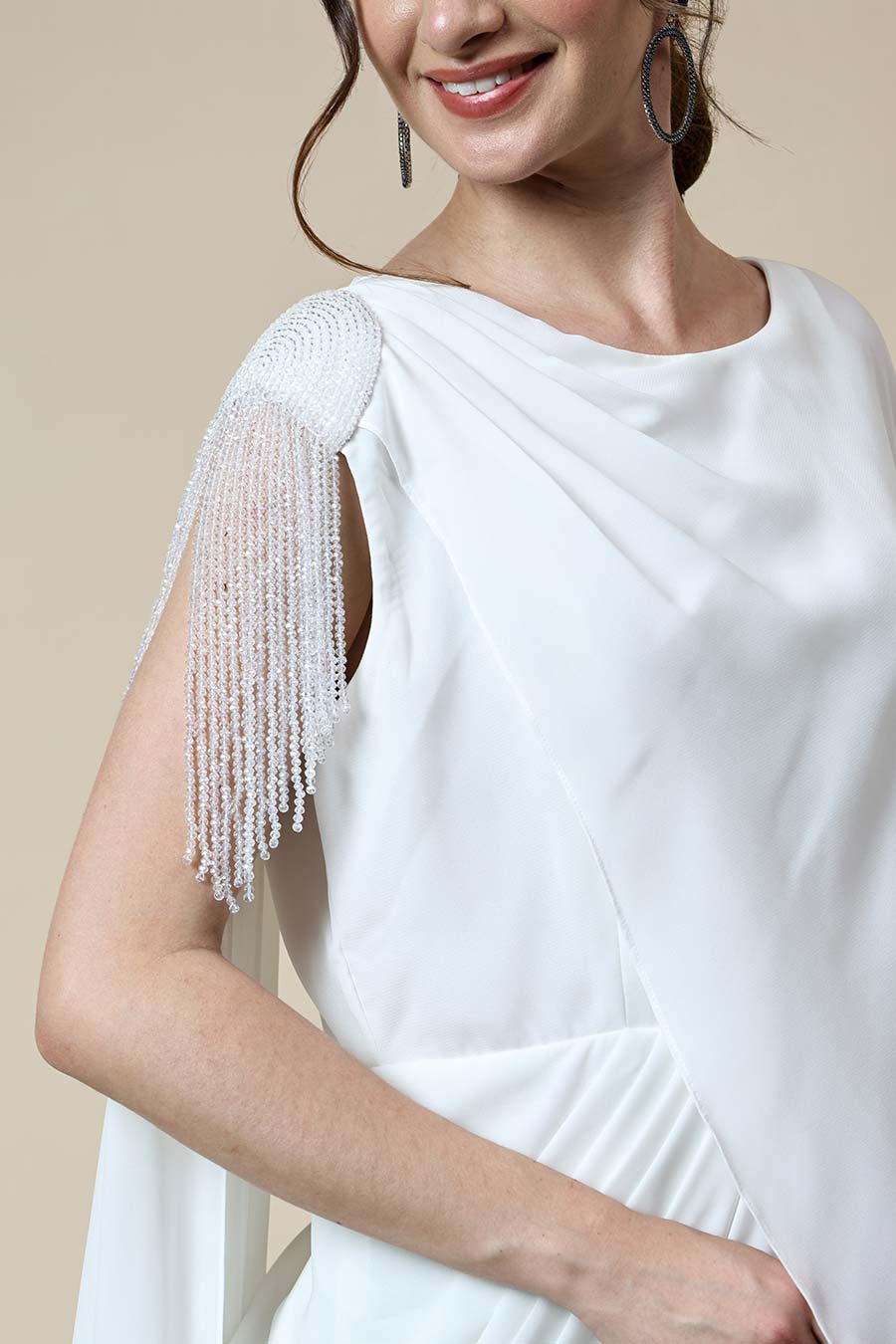 White Crystal Embellished Drape Dress