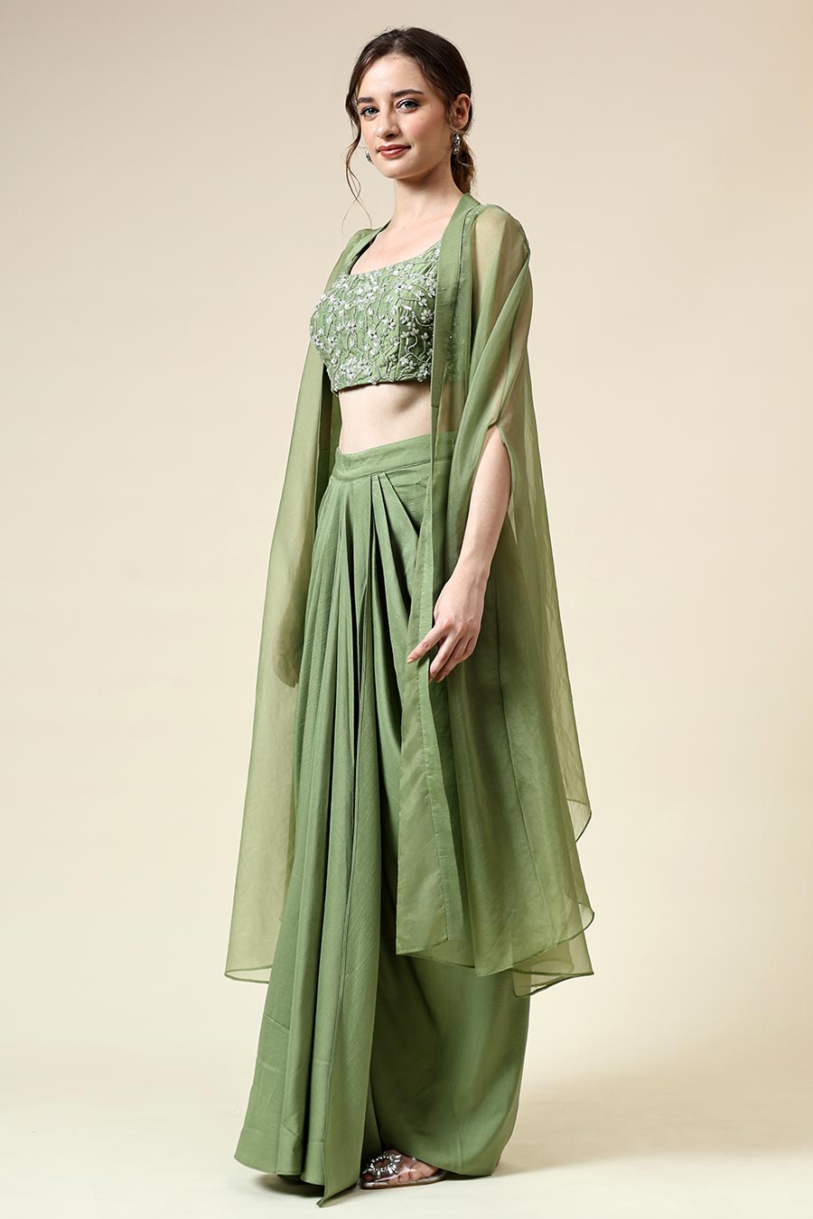 Green Embellished Top & Skirt Set With Cape