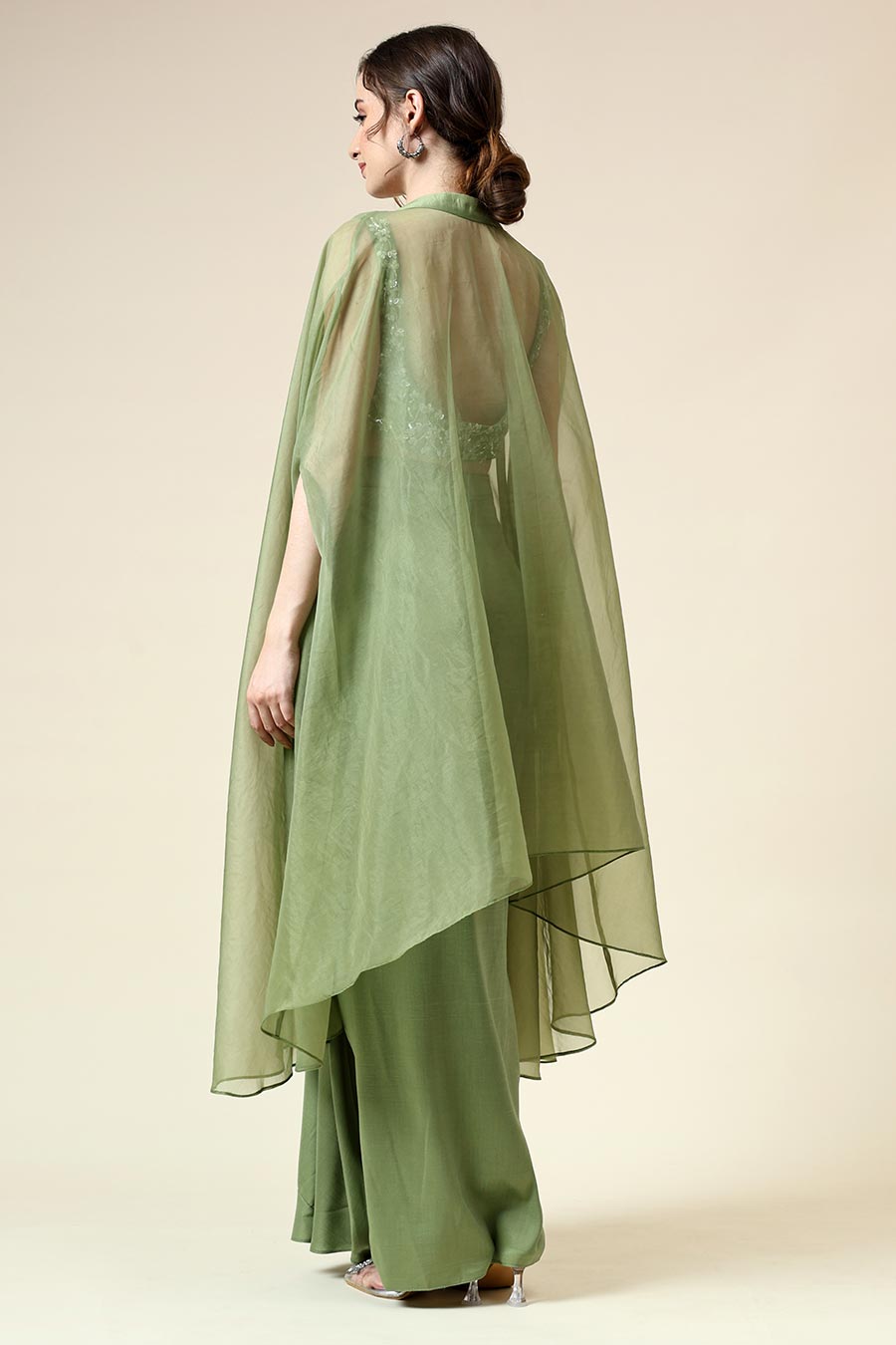 Green Embellished Top & Skirt Set With Cape