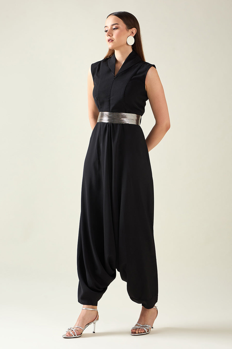 Black Alloy Jumpsuit With Metallic Finish Belt