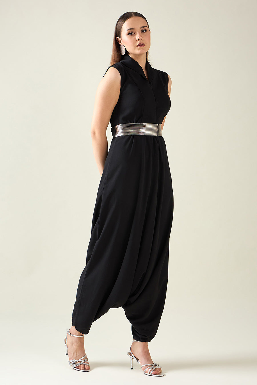 Black Alloy Jumpsuit With Metallic Finish Belt