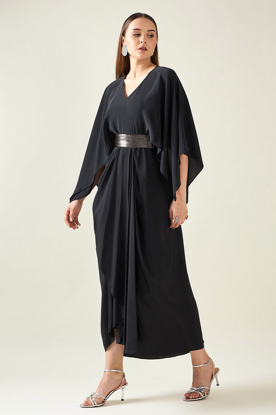 Black Coral Drape Dress With Metallic Finish Belt