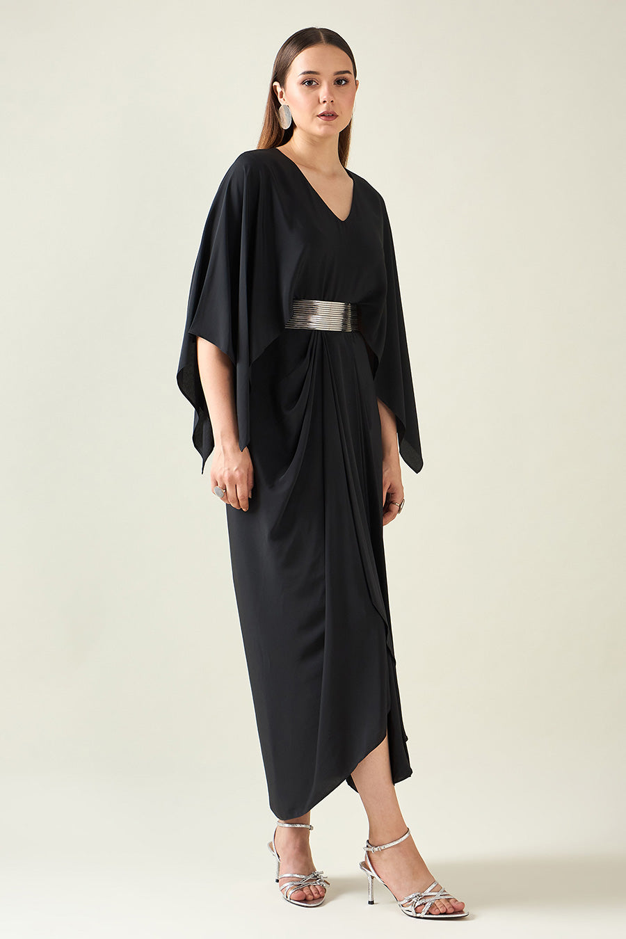 Black Coral Drape Dress With Metallic Finish Belt