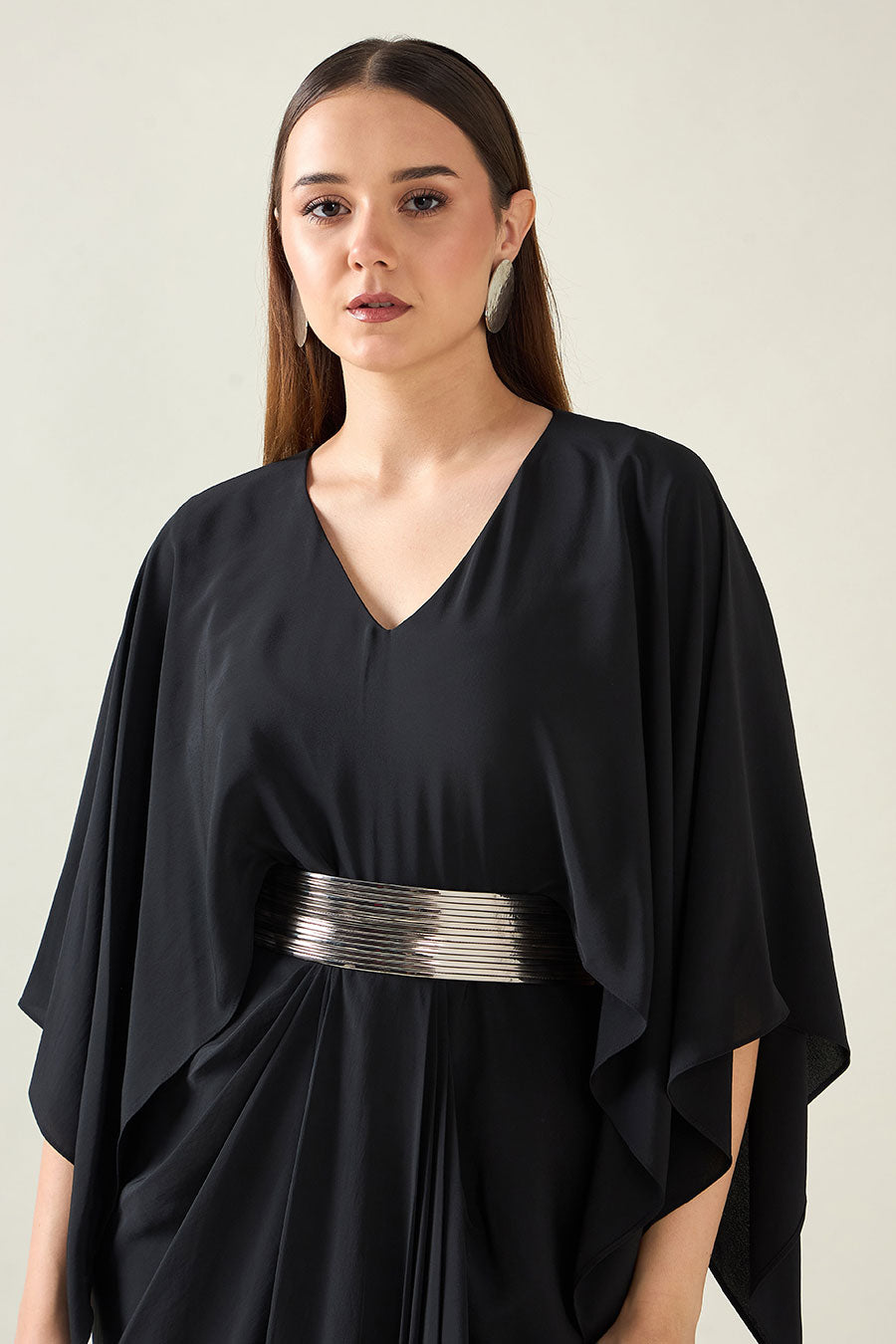 Black Coral Drape Dress With Metallic Finish Belt