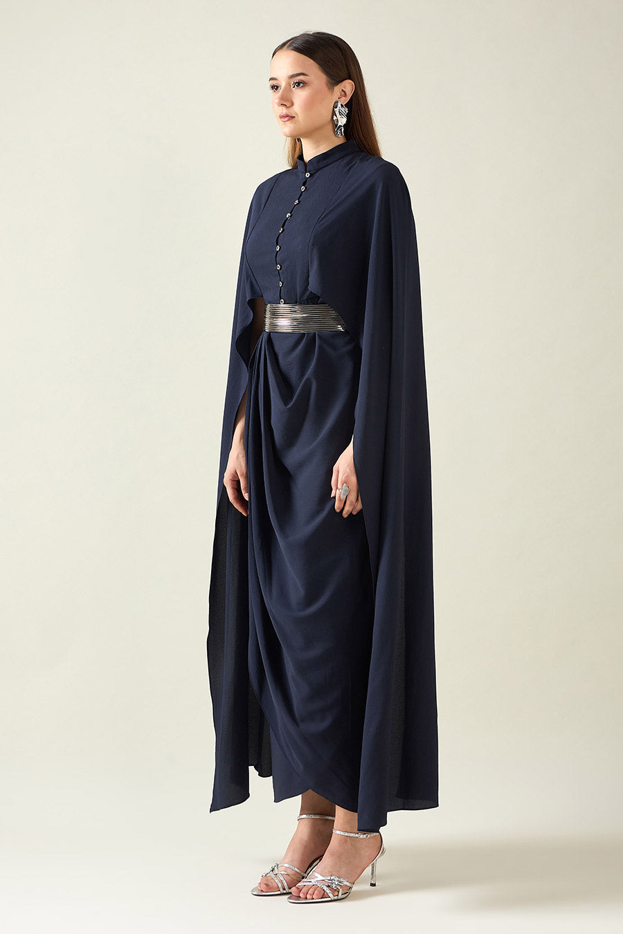 Navy Armour Drape Dress With Metallic Finish Belt