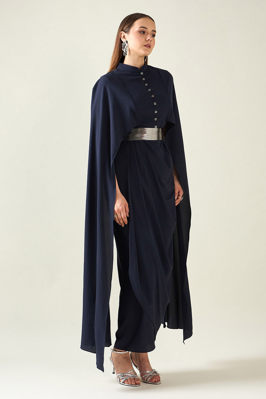 Navy Armour Drape Dress With Metallic Finish Belt