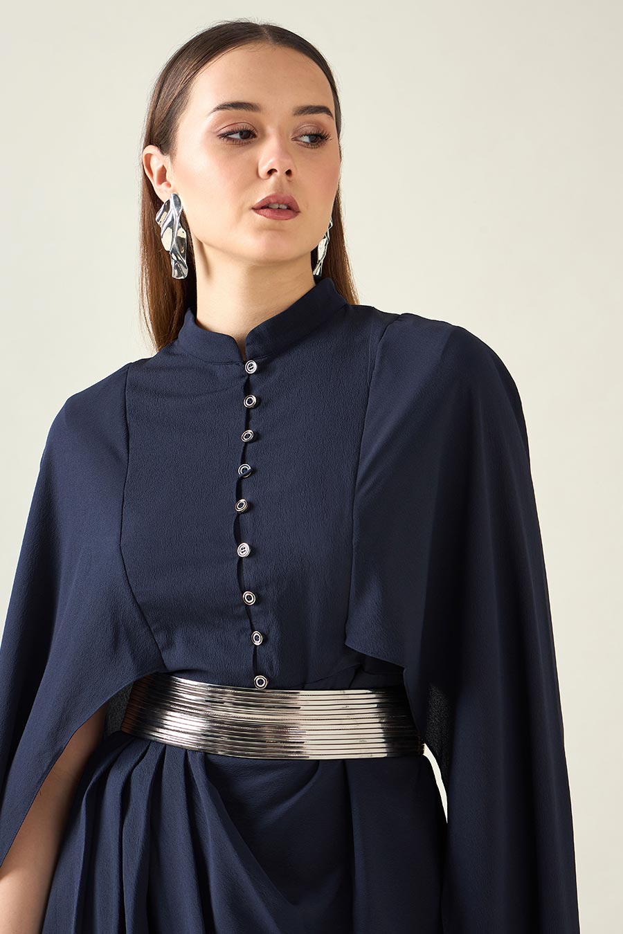 Navy Armour Drape Dress With Metallic Finish Belt