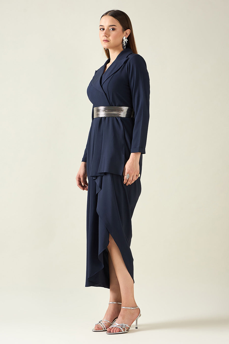 Navy Notch Drape Dress With Metallic Finish Belt