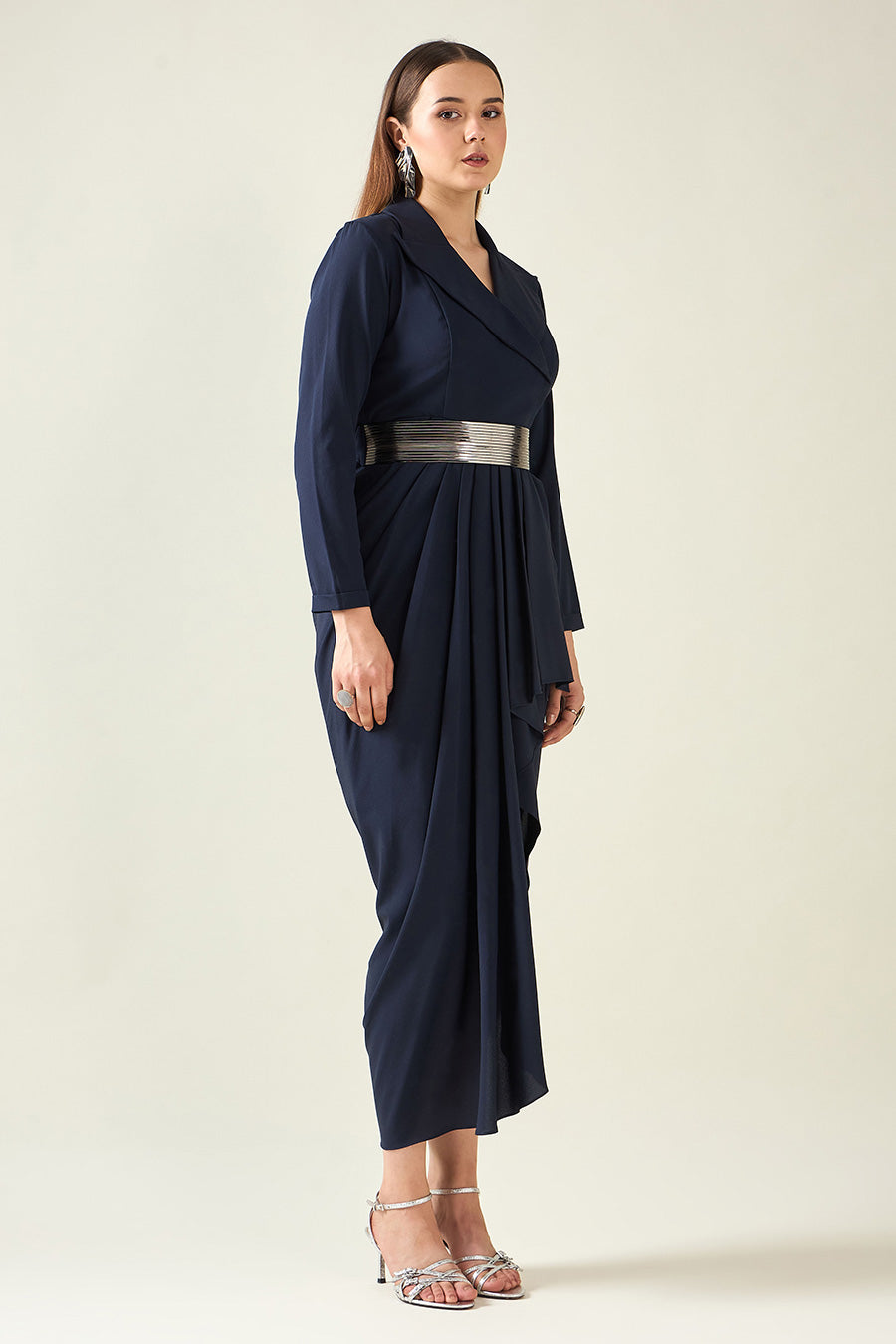 Navy Notch Drape Dress With Metallic Finish Belt