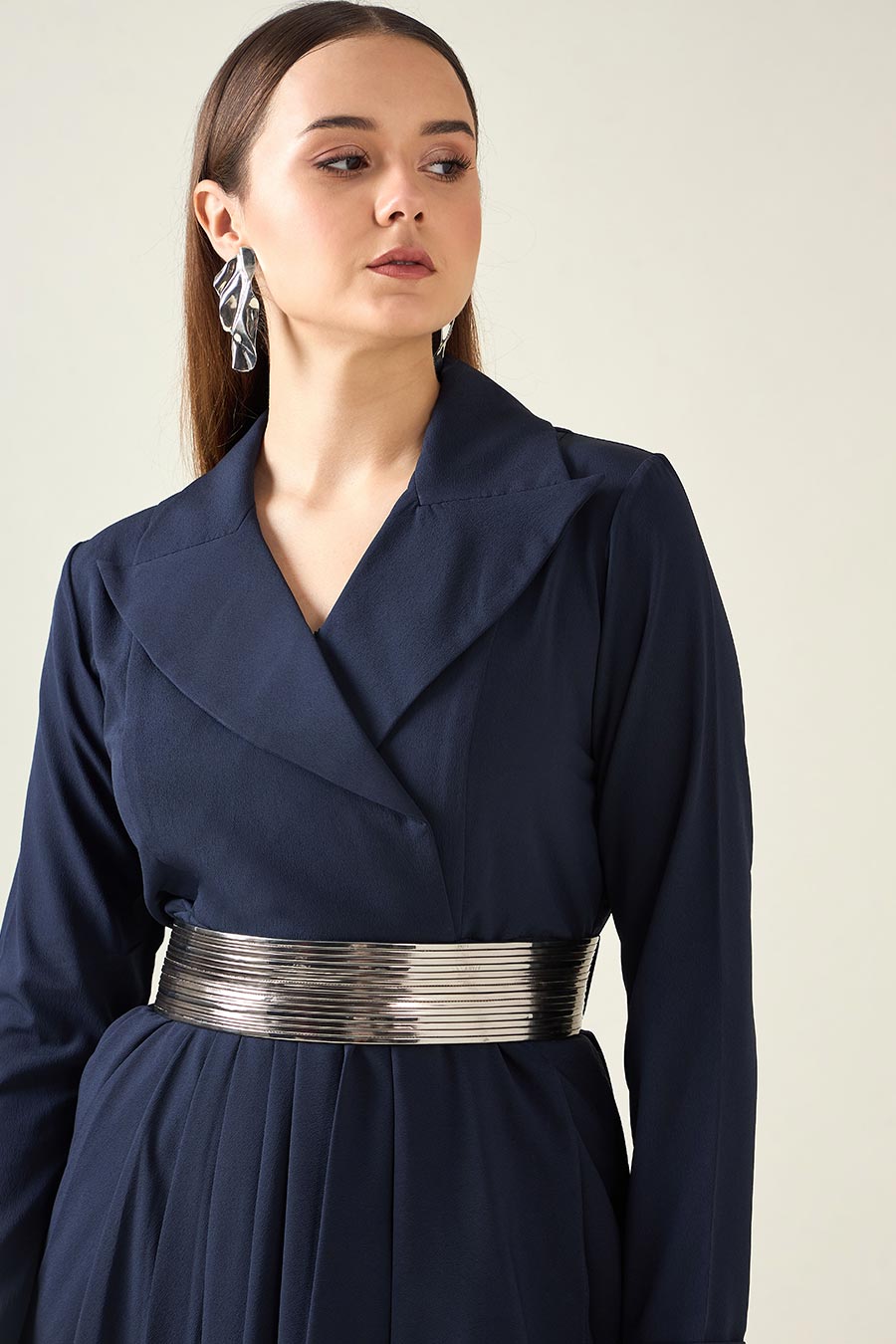 Navy Notch Drape Dress With Metallic Finish Belt