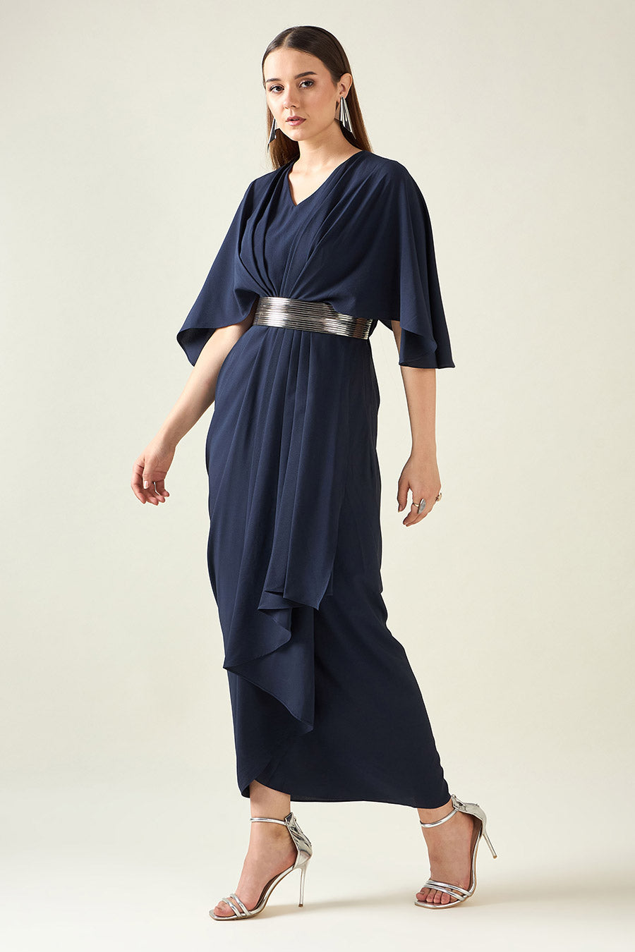 Midnight Navy Drape Dress With Metallic Finish Belt