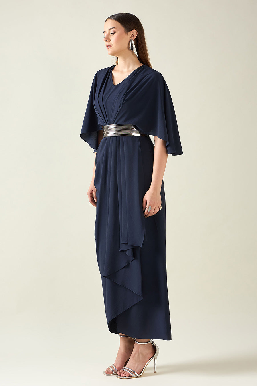 Midnight Navy Drape Dress With Metallic Finish Belt