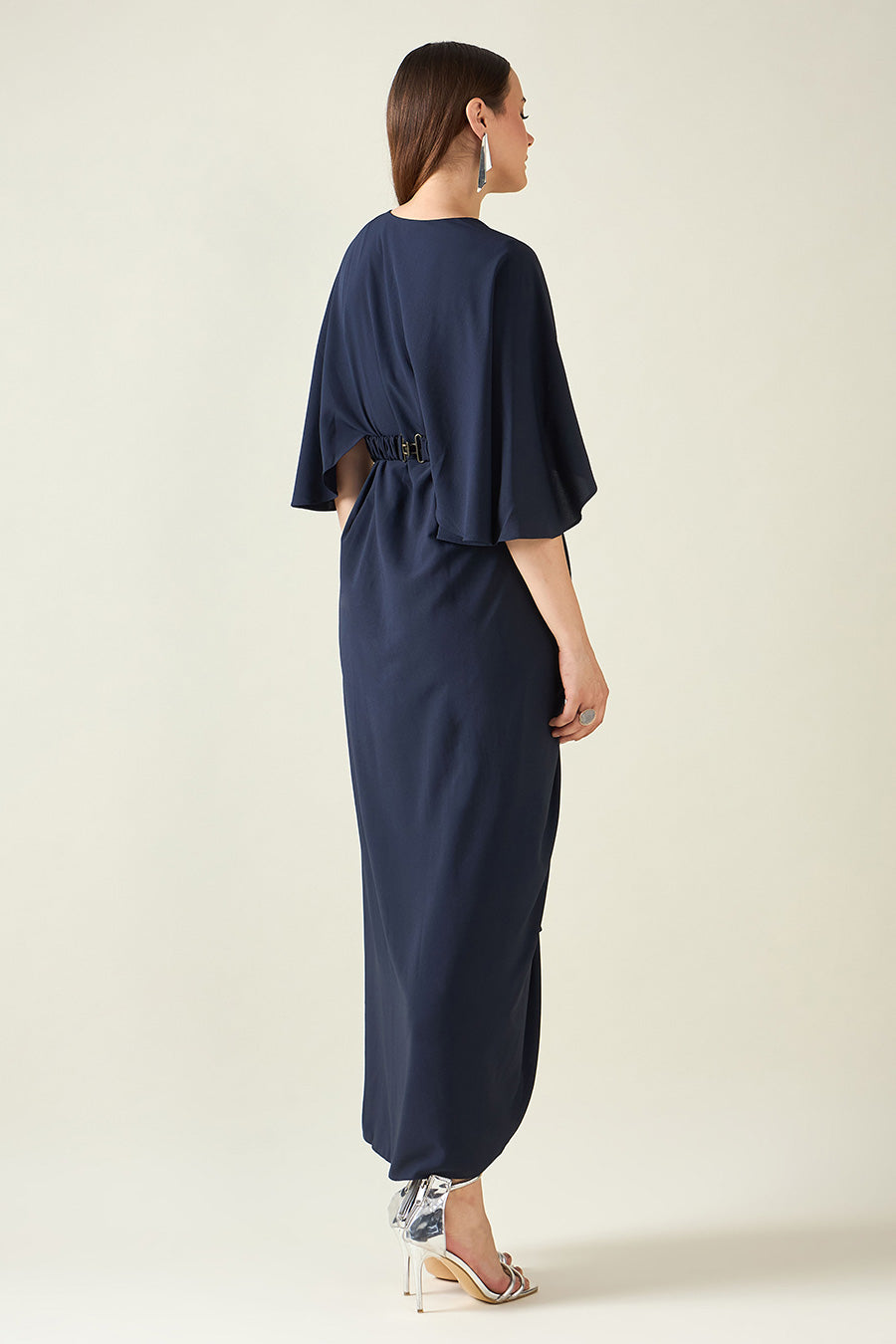 Midnight Navy Drape Dress With Metallic Finish Belt