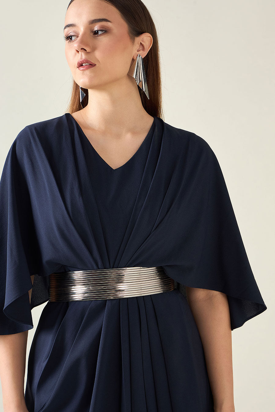 Midnight Navy Drape Dress With Metallic Finish Belt