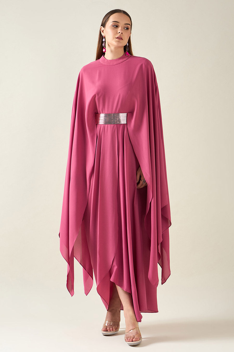 Pink Alloy Drape Dress With Metallic Finish Belt