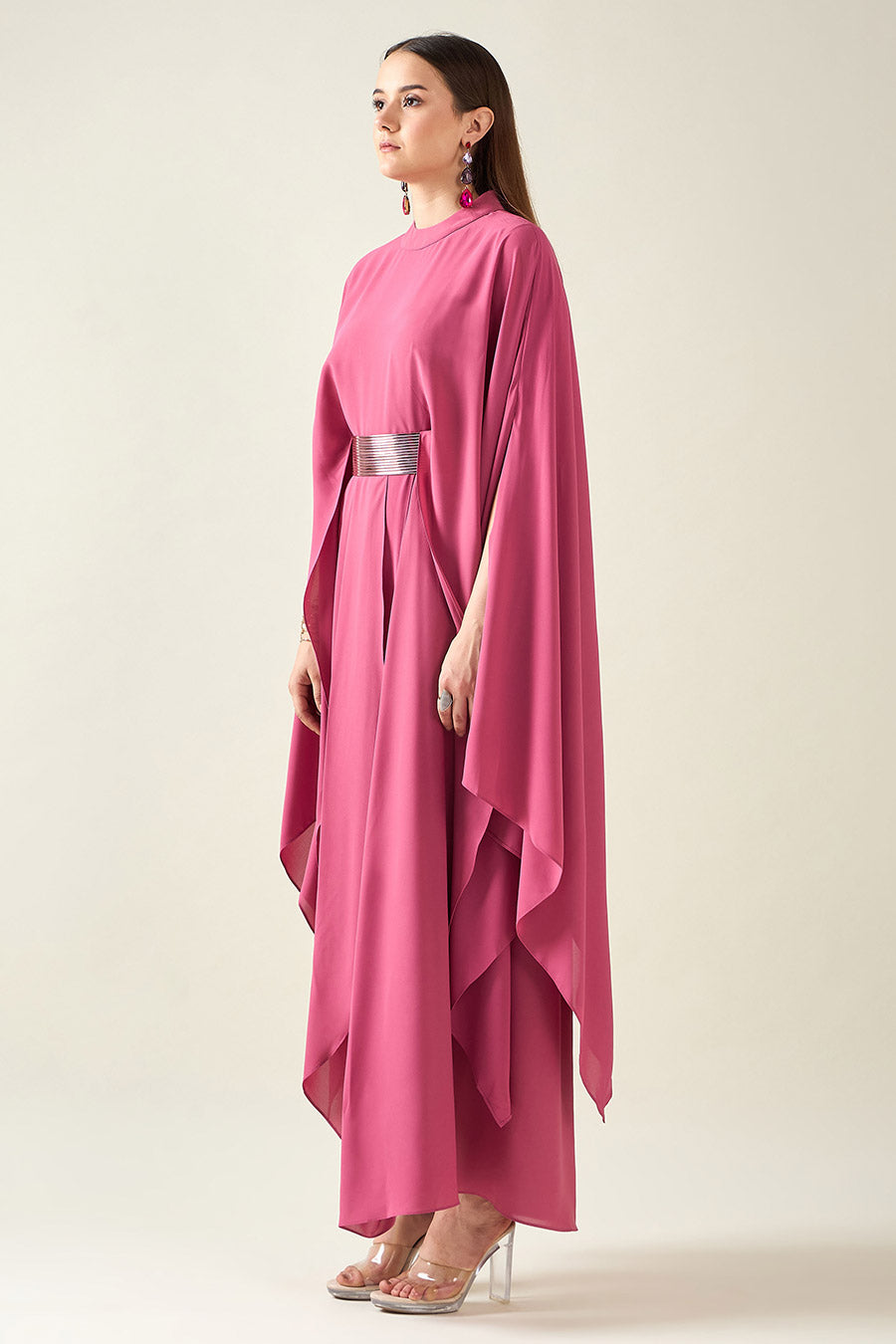 Pink Alloy Drape Dress With Metallic Finish Belt
