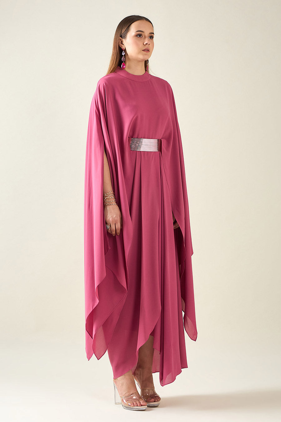 Pink Alloy Drape Dress With Metallic Finish Belt