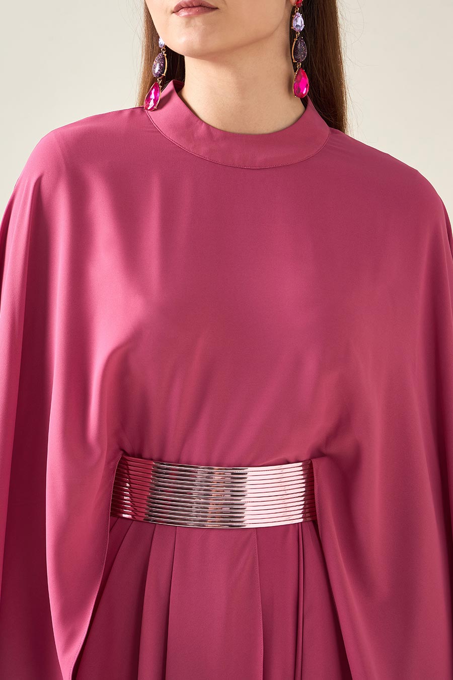 Pink Alloy Drape Dress With Metallic Finish Belt
