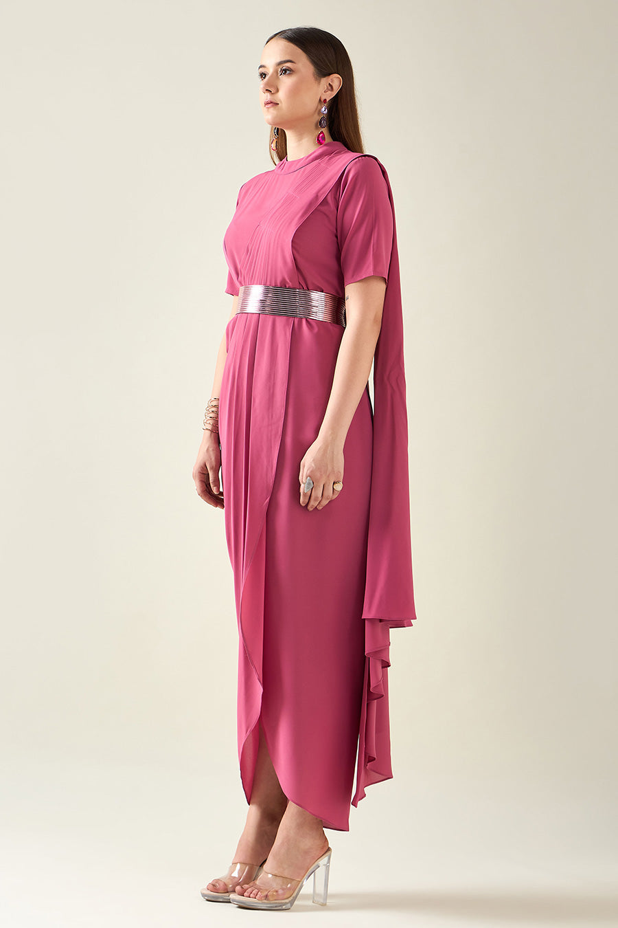 Pink Drape Saree Dress With Metallic Finish Belt