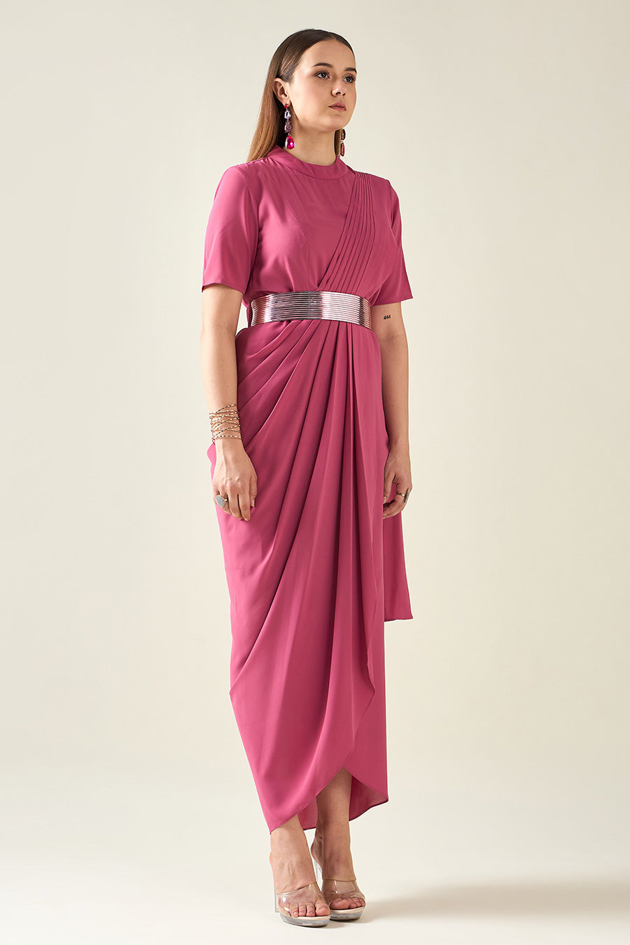 Pink Drape Saree Dress With Metallic Finish Belt