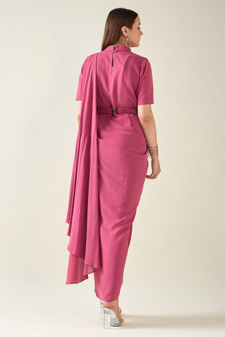 Pink Drape Saree Dress With Metallic Finish Belt