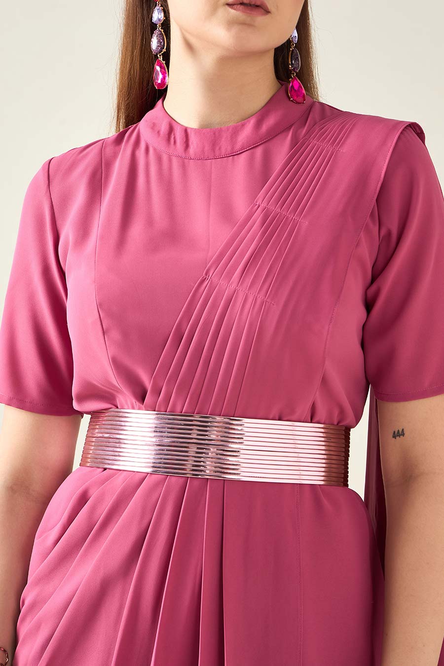 Pink Drape Saree Dress With Metallic Finish Belt