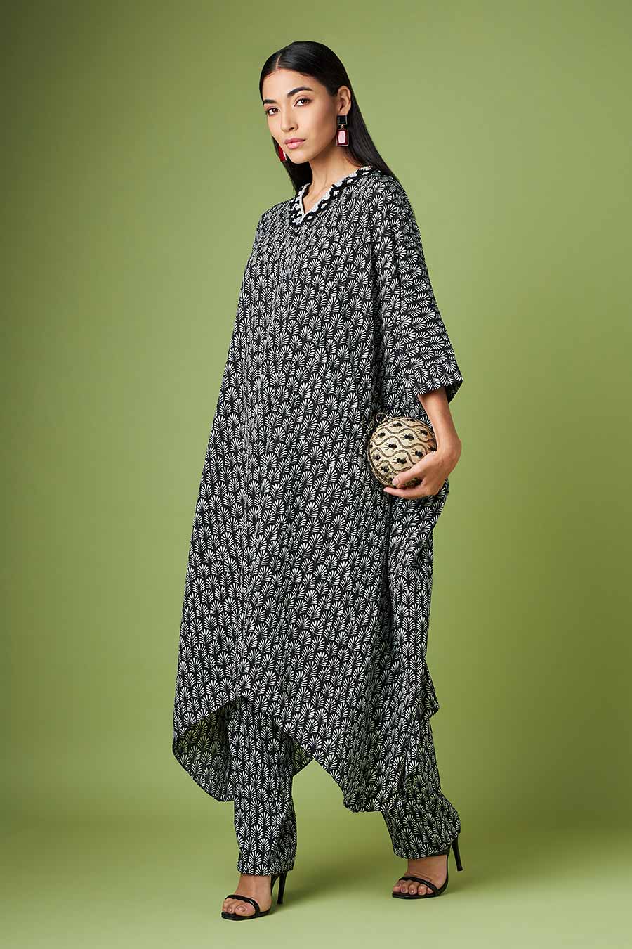 Black Printed Kaftan & Pant Co-Ord Set