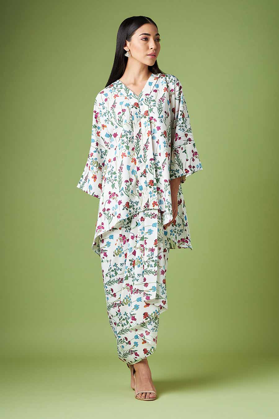 White Printed Kimono & Drape Skirt Co-Ord Set