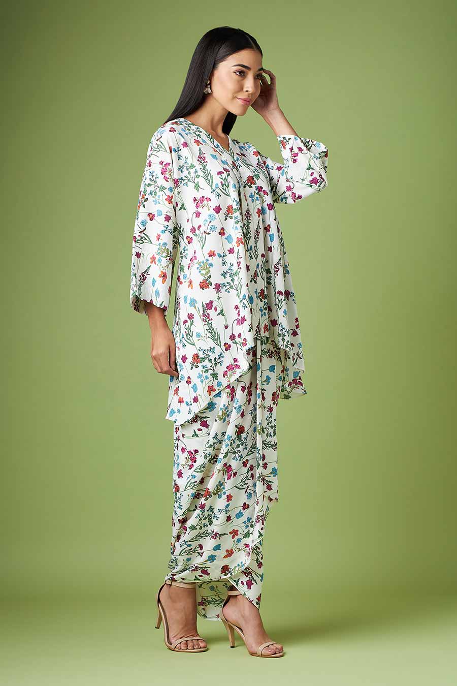 White Printed Kimono & Drape Skirt Co-Ord Set