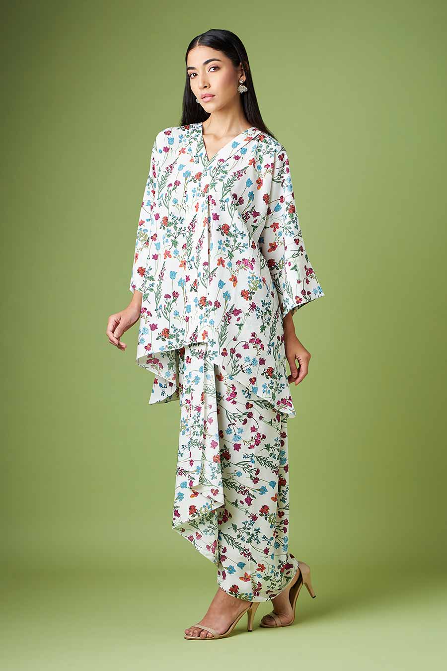 White Printed Kimono & Drape Skirt Co-Ord Set