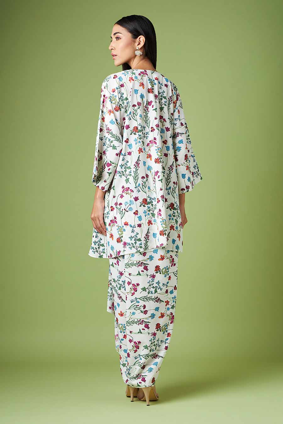 White Printed Kimono & Drape Skirt Co-Ord Set