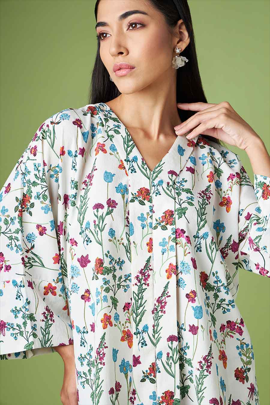 White Printed Kimono & Drape Skirt Co-Ord Set