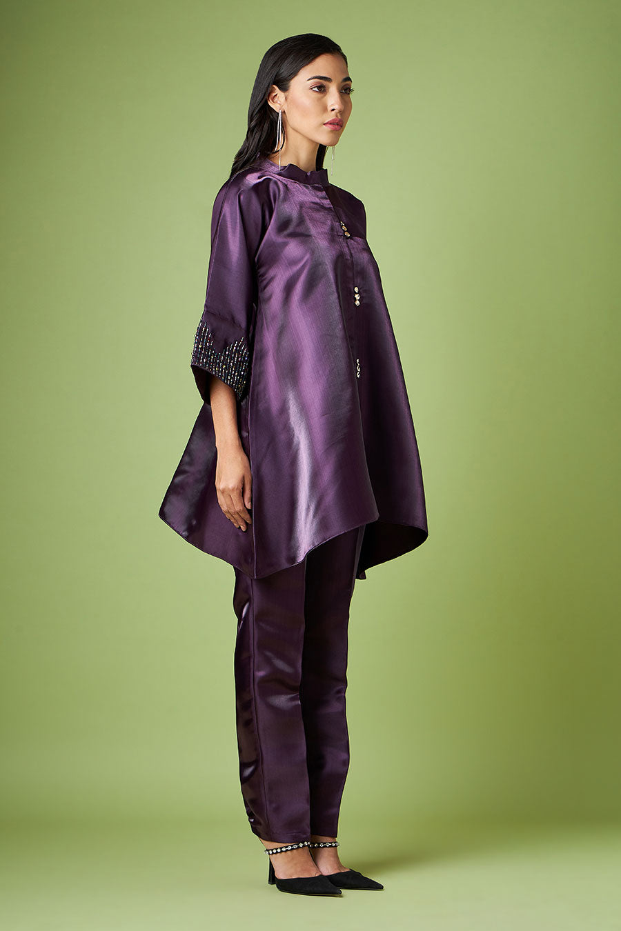 Purple Embellished Kimono & Pant Co-Ord Set