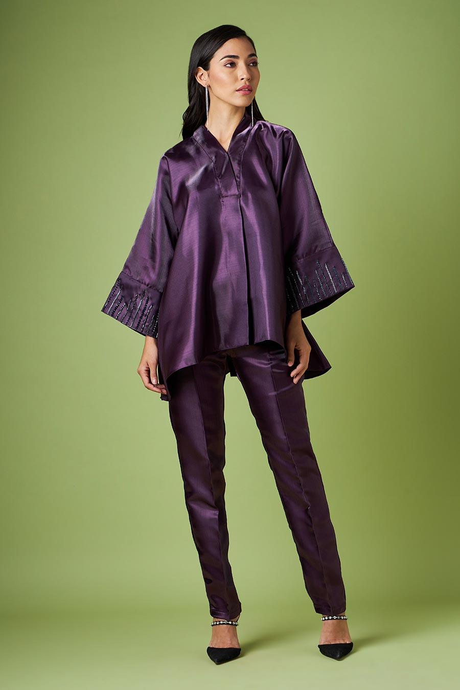 Purple Embellished Kimino Top & Pant Co-Ord Set