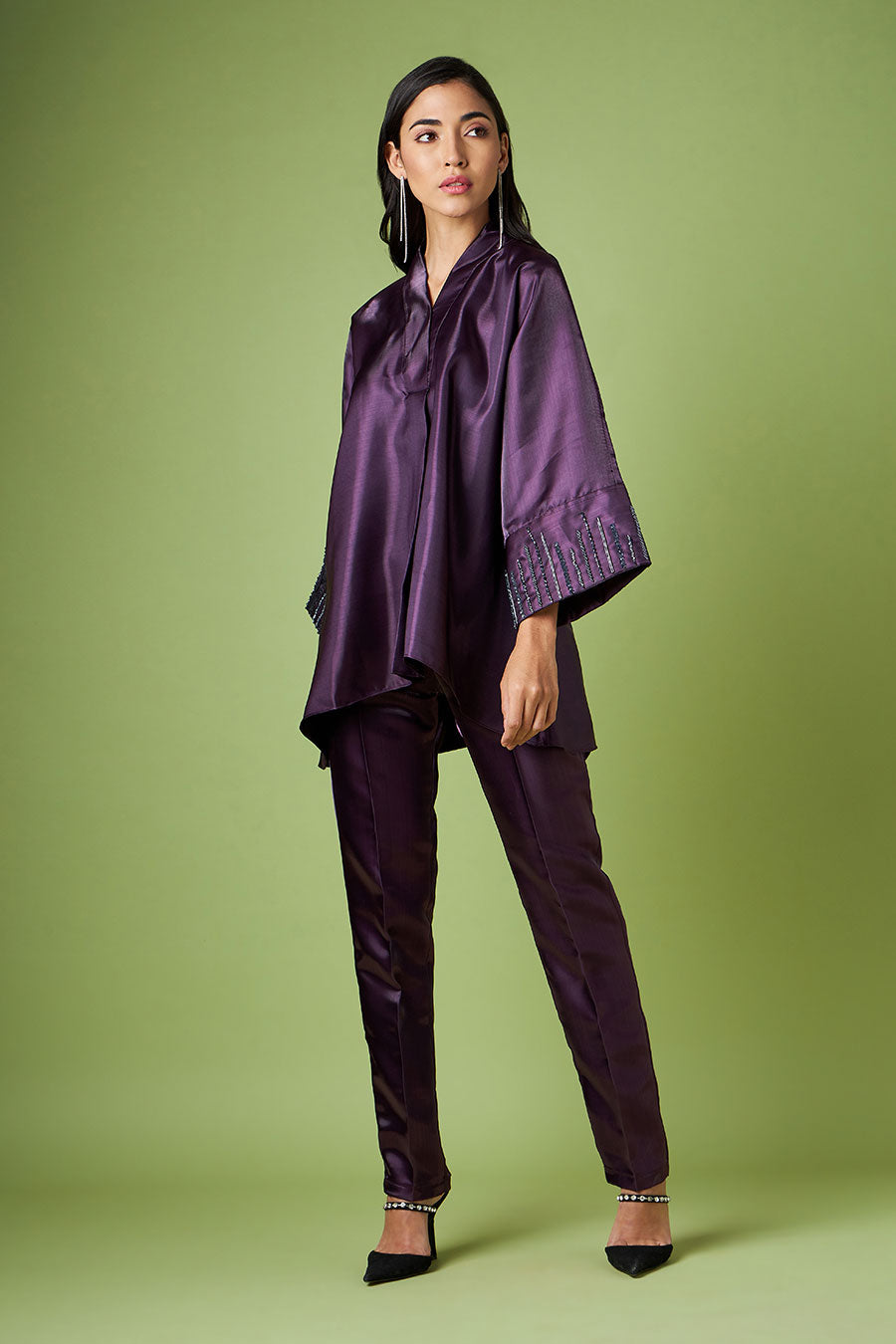 Purple Embellished Kimino Top & Pant Co-Ord Set