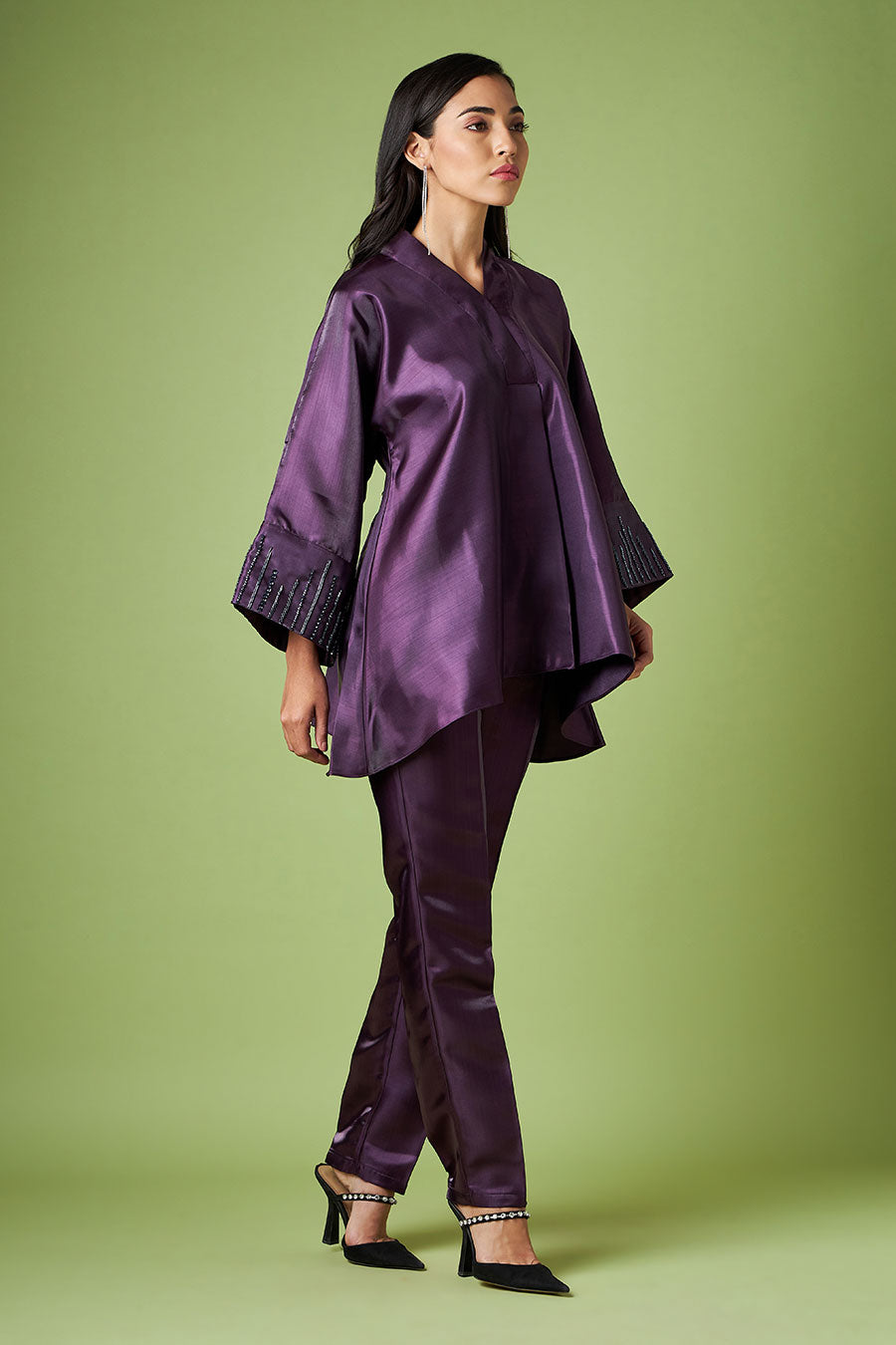 Purple Embellished Kimino Top & Pant Co-Ord Set